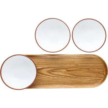 Talíř Vaidava Set misek s tácem Earth 3ks, bílý / jasan