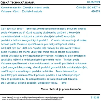 ČSN EN ISO 6507-1 - Kovové materiály - Zkouška tvrdosti podle Vickerse - Část 1: Zkušební metoda - Tisk
