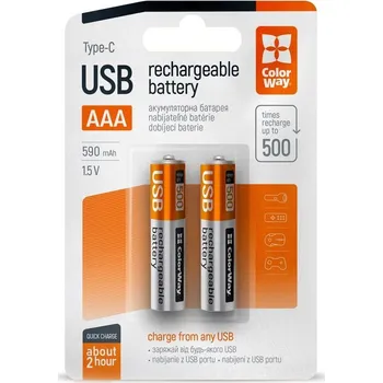 ColorWay AAA 590mAh USB-C 2ks Nabíjecí baterie, AAA, 590mAh, 1,5V, USB-C, 2ks v balení CW-UBAAA-09