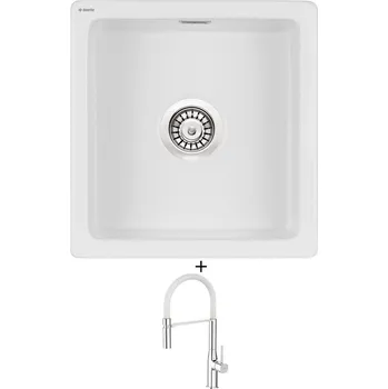 Kuchyňský dřez Keramický dřez SET Deante SABOR ZCB A103 keramika bílá matná + Laveo POLLA FLEXI chrom/bílá