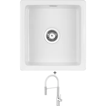 Kuchyňský dřez Keramický dřez SET Deante SABOR ZCB 6103 keramika bílá + Laveo POLLA FLEXI chrom/bílá