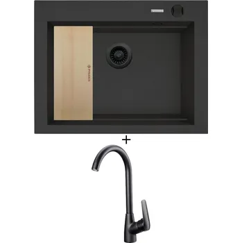 Granitový dřez SET Pyramis SIROS (67x51,5) 1B černá edice + dřevěná krájecí deska + Deante NEO BORO BMO N62M černá matná
