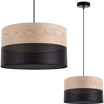 Závěsné svítidlo Wood, 1x béžová dubová dýha/černé plastové stínítko, (fi 30cm)
