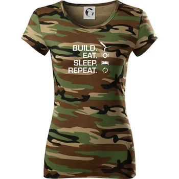 Dámské tričko Build eat sleep repeat - montážní pěna - Dámské maskáčové triko - S ( Hnědý maskáč )