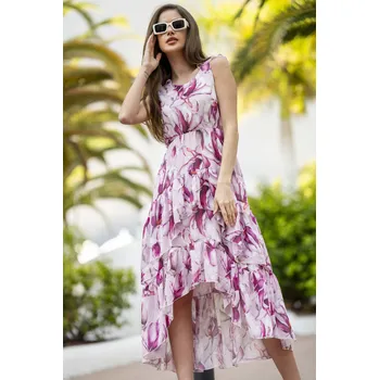 Dámské šaty Asymetrické šifonové šaty s květinami A500 Barva: Fialová, Velikost: XL