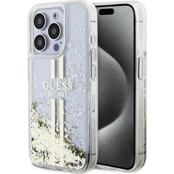 Telefonní příslušenství Guess PC/TPU Liquid Glitter Gold Stripe Zadní Kryt pro iPhone 15 Pro Transparent Guess TPU Liquid Glitter Gold Stripe značkový kryt z měkkého a odolného plastu s atraktivními glittery uvnitř, které s