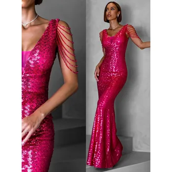 Dámské šaty Růžové dlouhé plesové třpytivé šaty KARMA s flitry Velikost: L