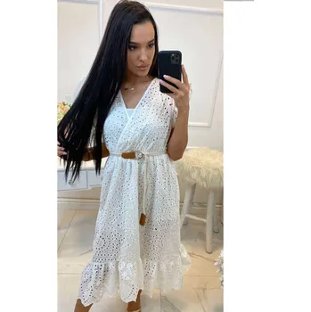 Dámské šaty Dámské šaty na léto s madeirou a ozdobným páskem MFY bílé, VELIKOST UNI ( S, M , L )