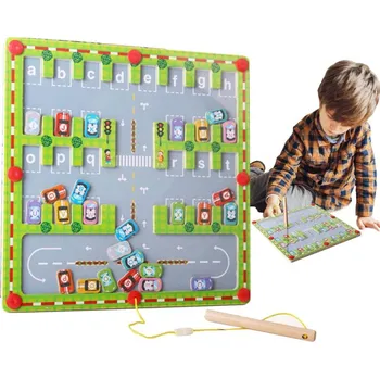 Dřevěná hračka Magnetické bludiště s abecedou - parkovací dům Montessori