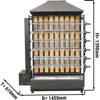 Zahradní gril G.Gastro Gril na dřevěné uhlí se 6 rožni pro 36 kuřat - 1450 x 610 x 1930 mm