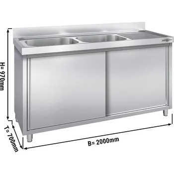 Kuchyňská skříňka G.Gastro Dřezová skříňka PREMIUM z nerezové oceli - 2,0 m - 2 dřezy vlevo - D 60 x Š 50 x H 30 cm