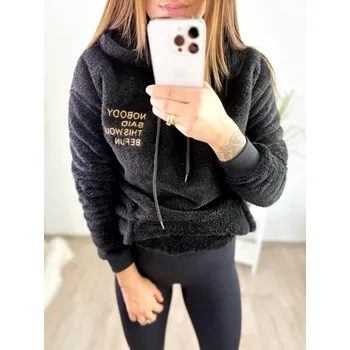 Dámská mikina Dámská černá teddy mikina s kapucí a nápisem , VELIKOST XL