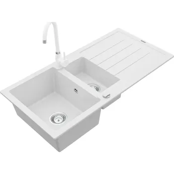 Granitový dřez Mexen Andres 1,5 granit dřez s odkapem a baterií Telma, bílá 6515-20-670200-20