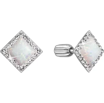 Náušnice Stříbrné náušnice pecka se syntetickým opálem a krystaly Preciosa bílý kosočtverec 31318.1 white