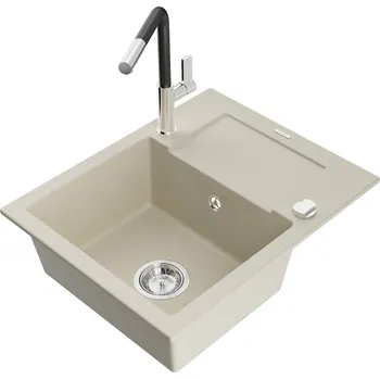 Kuchyňský dřez Mexen Enzo 1miskový granit dřez s odkapem a baterií Flora, béžová 6506-69-670401-07