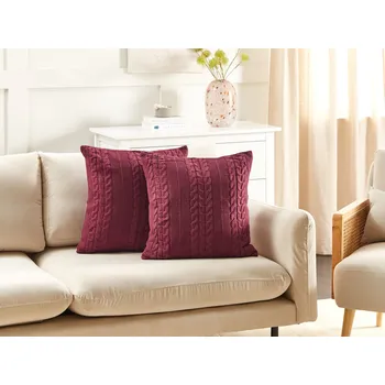Dekorativní polštářek Sada 2 polštářů vínová bavlna 45 x 45 cm polštáře bavlněný pletený potah se vzorem Beliani