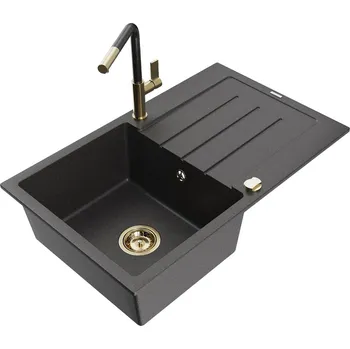 Kuchyňský dřez Mexen Bruno 1-miskový granit dřez s odkapem a baterií Flora, černá 6513-76-670401-75-G