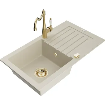 Kuchyňský dřez Mexen Pablo 1-miskový granit dřez s odkapem a baterií Carla, béžová 6510-69-670700-50