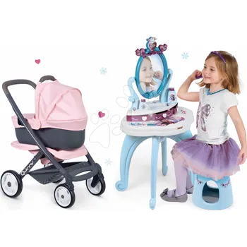 Kočárek pro panenku Set kosmetický stolek Frozen Smoby se židlí a kočárek trojkombinace Powder Pink 3v1