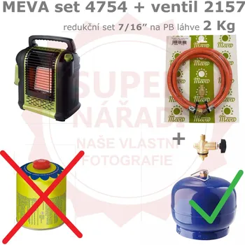 Plynová hadice Meva redukční set 7/16" 4754 + 2157 na 2 Kg PB láhve pro připojení kartušových vařičů, topidel SN (MEVA skládaný set komponent 4754 + ventilu 2157 pro připojení spotřebičů na kartuše 7/16" k plynovým malým 2 kg PB láhvím)