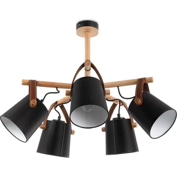 Light for home - Lustr na tyči s dřevěnými prvky a koženými řemínky 60405 "RIONI", 5x40W, E27, černá, přírodní olše, hnědá kůže