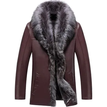 Moto bunda Luxusní pánská kožená bunda s pravým kožešinovým límcem - L Barva: Hnědá, Velikost: L