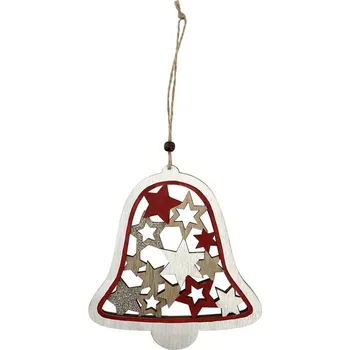 Vánoční dekorace Závěs dřevo 160x170mm zvoneček s hvezdičkami, přírodní s glitrem, červená, bílá
