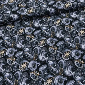 Bavlněný úplet TEPLÁKOVINA 6-04723 DIGITÁLNÍ TISK automobilové součástky, šedá, š.150cm (látka v metráži)