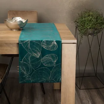 ubrus Sametový středový ubrus s lesklým potiskem tyrkysových listů Šířka: 35 cm | Délka: 180 cm