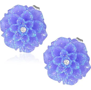 Náušnice Fialový třpytivý květ s kamínkem - Ocelové náušnice