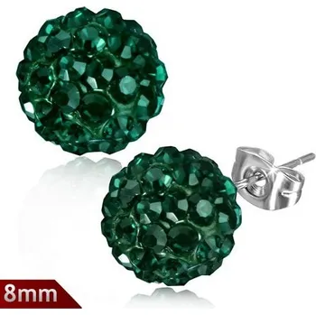 Náušnice 8mm – Tmavě zelená kulička s kamínky
