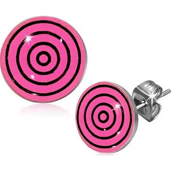 Náušnice Ocelové náušnice - zvětšující se černé kruhy na růžovém podkladu