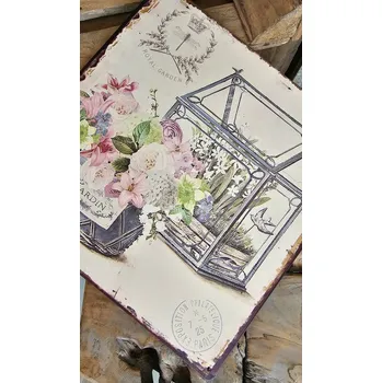 Plechová cedule Nástěnná kovová cedule se skleníčkem a květy Jardin - 30*30 cm