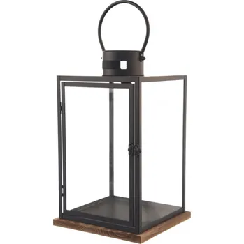 Svícen Lucerna kov/dřevo černá střední 17x17x29 cm