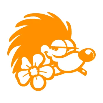 Samolepící dekorace SAMOLEPKA Ježek 003 pravá s květinou (06 - oranžová) NA AUTO, NÁLEPKA, FÓLIE, POLEP, TUNING, VLASTNÍ TEXT, TISK, AUTOSAMOLEPKY.cz, POLEPY, OBRÁZEK, LOGO, SAMOLEPKY