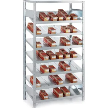 Dílenský regál Jednostranný spádový regál CLIP, v x š x h: 2000 x 1056 x 536 mm, 8 polic, nosnost 200 kg, základní