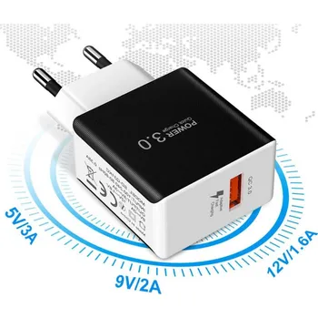 Rychlonabíječka USB černá, rychlé nabíjení Quick Charge 3.0, adaptivní rychlé nabíjení