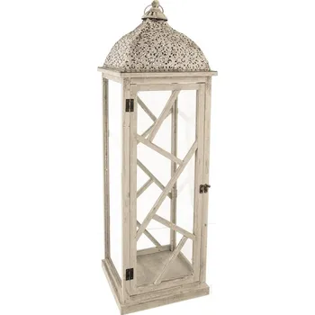 Svícen Lucerna dřevo/kov bílá velká 28x28x88 cm