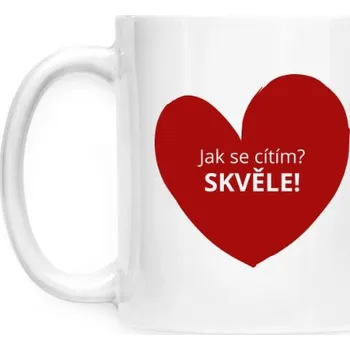 Hrnek malý bílý s potiskem Hrnek - Jak se cítím? Levák červený