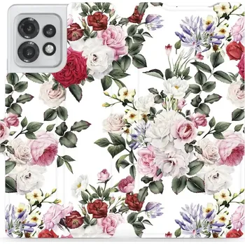 Pouzdro na mobilní telefon Flipové pouzdro Mobiwear - Motorola Edge 40 Pro - MD01S Růže na bílé (Knížkové flip pouzdro, obal, kryt na mobil Motorola Edge 40 Pro - MD01S Růže na bílé, materiál Umělá kůže + TPU - ochrana 360°, stojánek, silikonová vanička, magnetické zavírání)