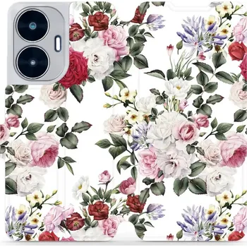 Pouzdro na mobilní telefon Flipové pouzdro Mobiwear - Realme C55 - MD01S Růže na bílé (Knížkové flip pouzdro, obal, kryt na mobil Realme C55 - MD01S Růže na bílé, materiál Umělá kůže + TPU - ochrana 360°, stojánek, silikonová vanička, magnetické zavírání)