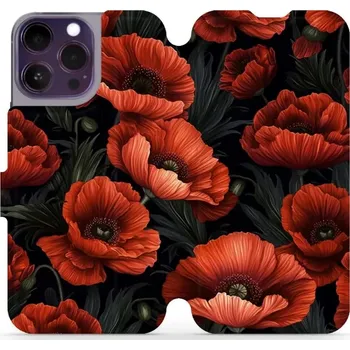 Pouzdro na mobilní telefon Flipové pouzdro Mobiwear - Apple iPhone 14 Pro Max - VP45S Temné červené květy (Knížkové flip pouzdro, obal, kryt na mobil Apple iPhone 14 Pro Max - VP45S Temné červené květy, materiál Umělá kůže + TPU - ochrana 360°, stojánek, silikonová vanička,)