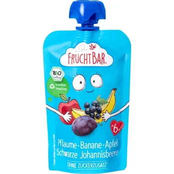 Dětská výživa FruchtBar BIO Ovocná kapsička s jablkem, banánem, švestkou a černým rybízem 100 g