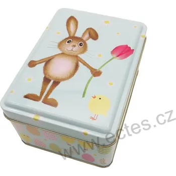 Dóza na potraviny HASI světle modrá plechová dóza 3323 zajíček s tulipánem, žluté kuřátko a sedmikrásky