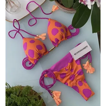 Dámské plavky Dámské plavky dvojdílné s kroucenou šňůrkou "T-string" (11-20) Barva: růžovo oranžová 8249, Velikost: L