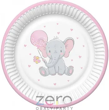 Jednorázové nádobí Tácek papírový kulatý s fólií pr. 18 cm (8 ks) - růžový slon