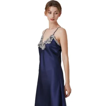 Dámská noční košile Dámská dlouhá saténová noční košilka s krajkou Barva: námořnická modrá, Velikost: XXXL