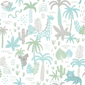 Tapeta ICH Wallcoverings Papírová dětská tapeta se zvířátky, palmami a listy 454-1, Pippo, ICH Wallcoverings, velikost 0,53 x 10,05 m