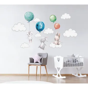 Samolepící dekorace Samolepka na zeď se zajíčky a barevnými balónky 76 x 200 cm