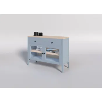 Komoda Buková komoda ROMA KT6 prosklená šedomodrá Dvířka: Dvířka - mléčné sklo, Úchyty: úchyt - černá